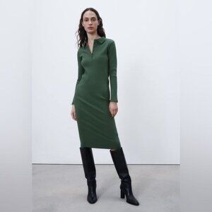 Zara Ribbed Dark Green Long Sleeve Polo Collar Midi Dress Womens Size S